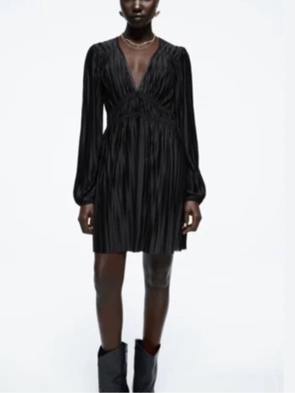 Zara Black Pleated V-Neck Long Sleeve Midi Dress
